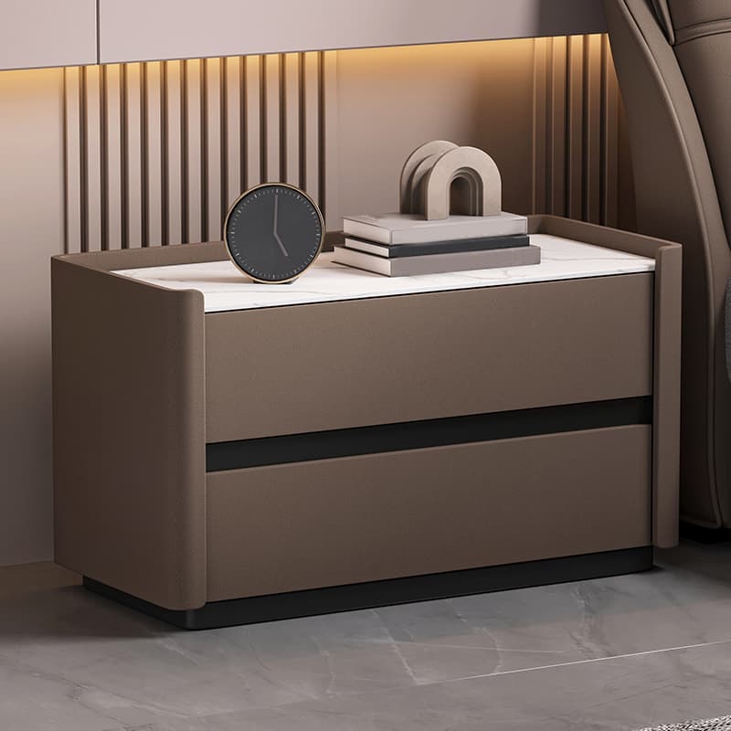 Modern Faux Leather Nightstand with 2 Drawers in Stone Countertop thumbnail 12