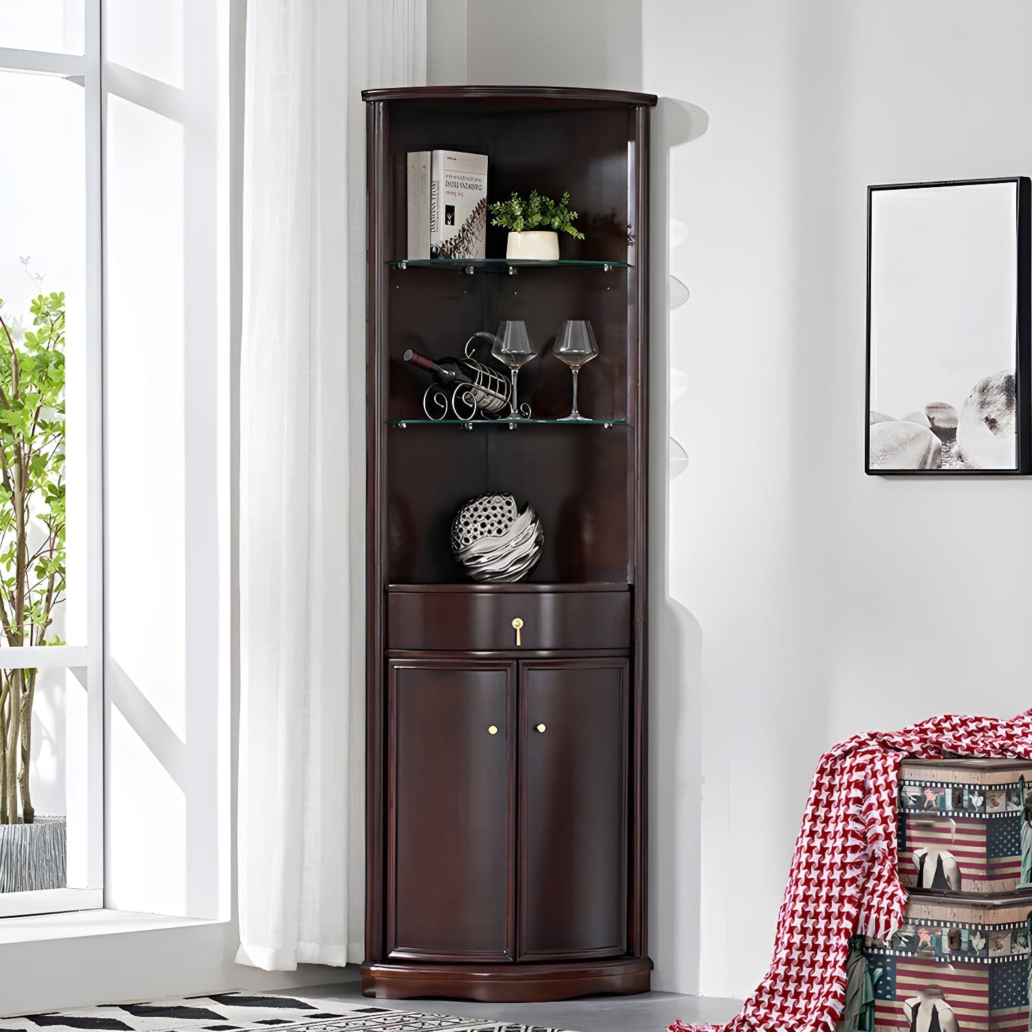 Corner Mid-Century Modern Accent Cabinet with Wood Countertop, Glass Doors, and Drawers Included thumbnail 1
