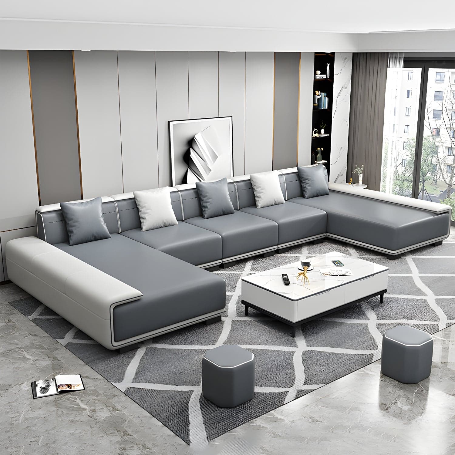 Faux Leather Sofa & Chaise with Pillows Modern U Sofa in Gray - 29.53" H thumbnail 8