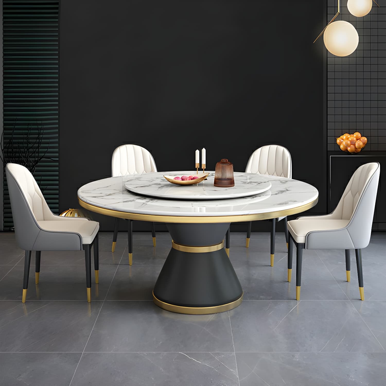 Glam Round Marble Dining Set in White with Black Metal Pedestal Base - 1/5/7 Piece Set thumbnail 1