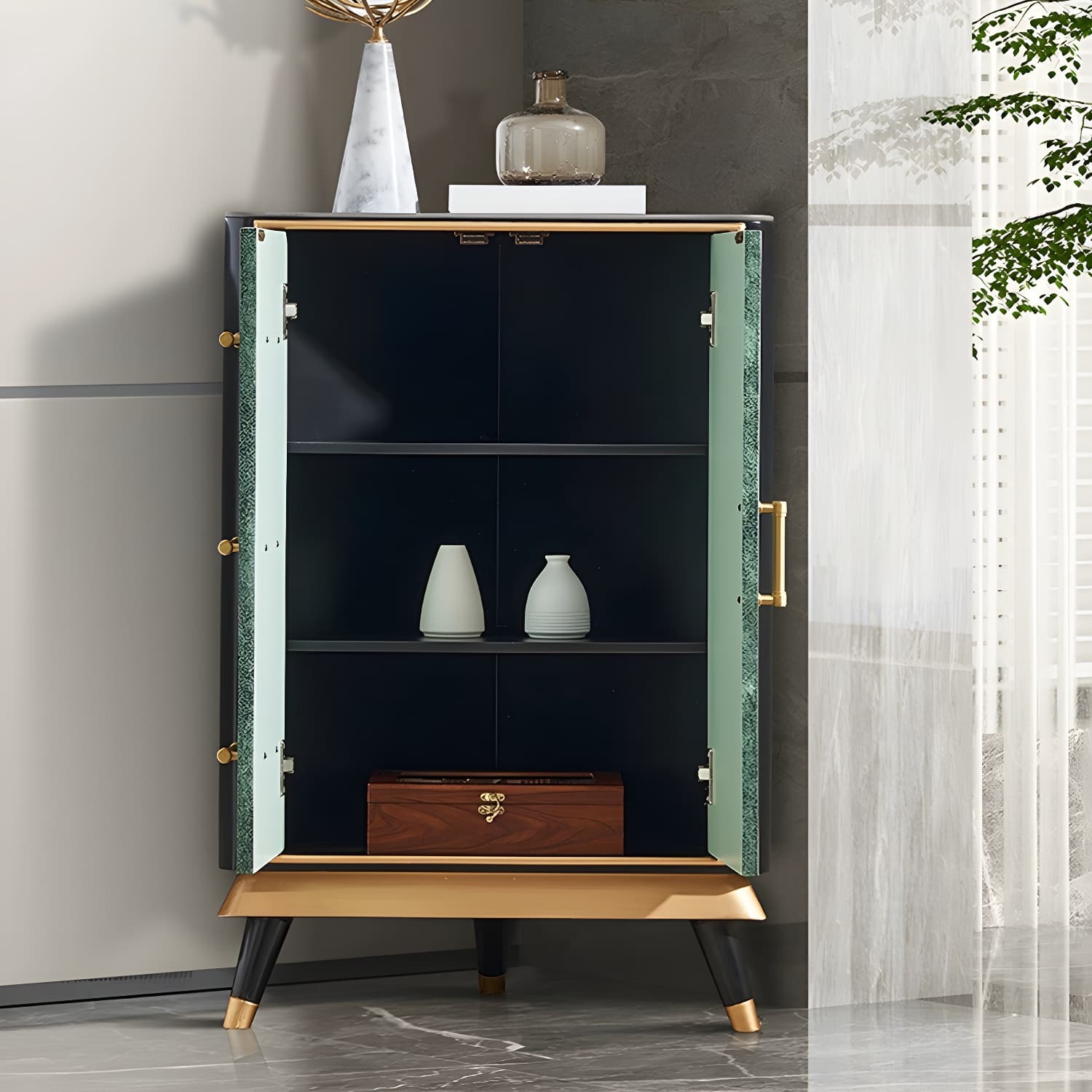 Glam Corner Accent Cabinet with Black Stone Countertop and Wood Base for Small Spaces thumbnail 4