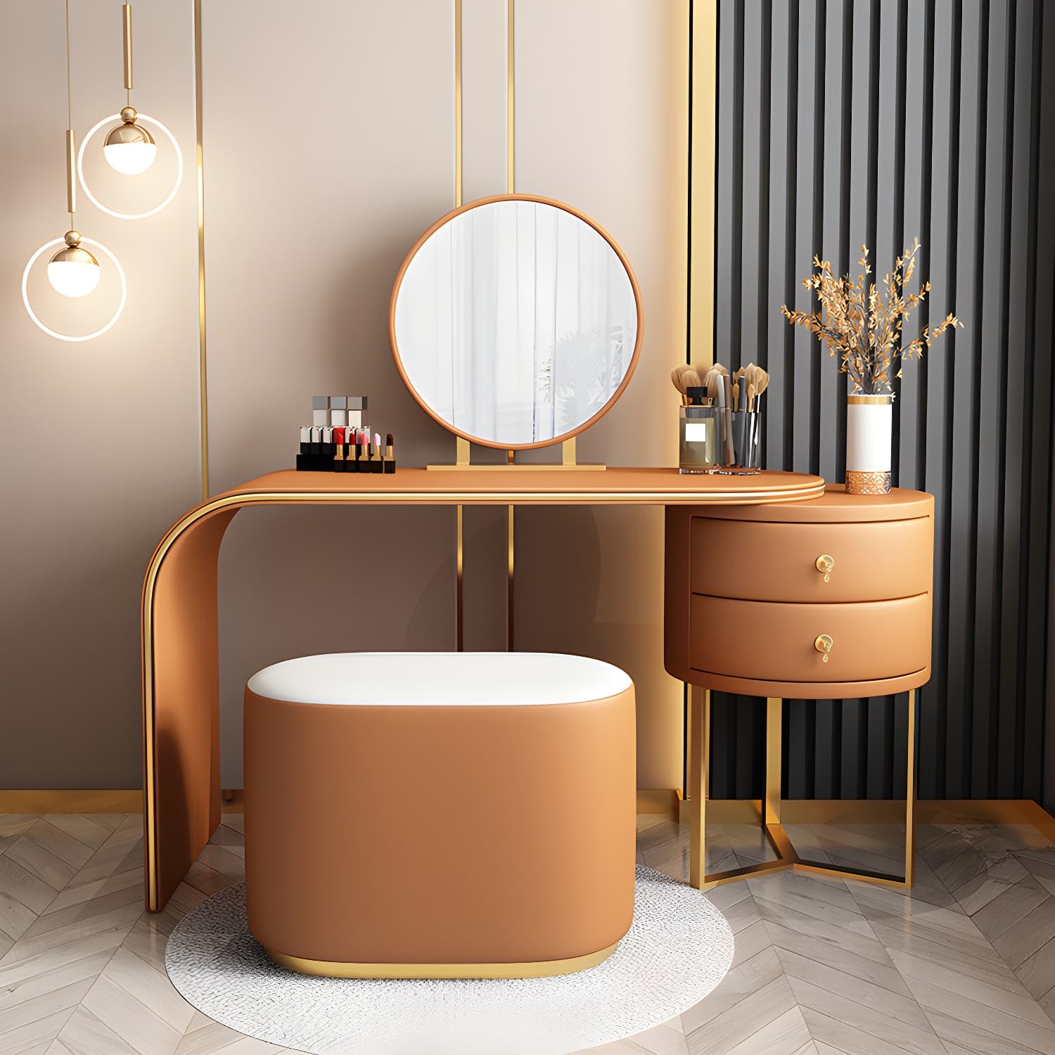 Genuine Leather Makeup Dressing Table with Mirror and Stool Set thumbnail 6