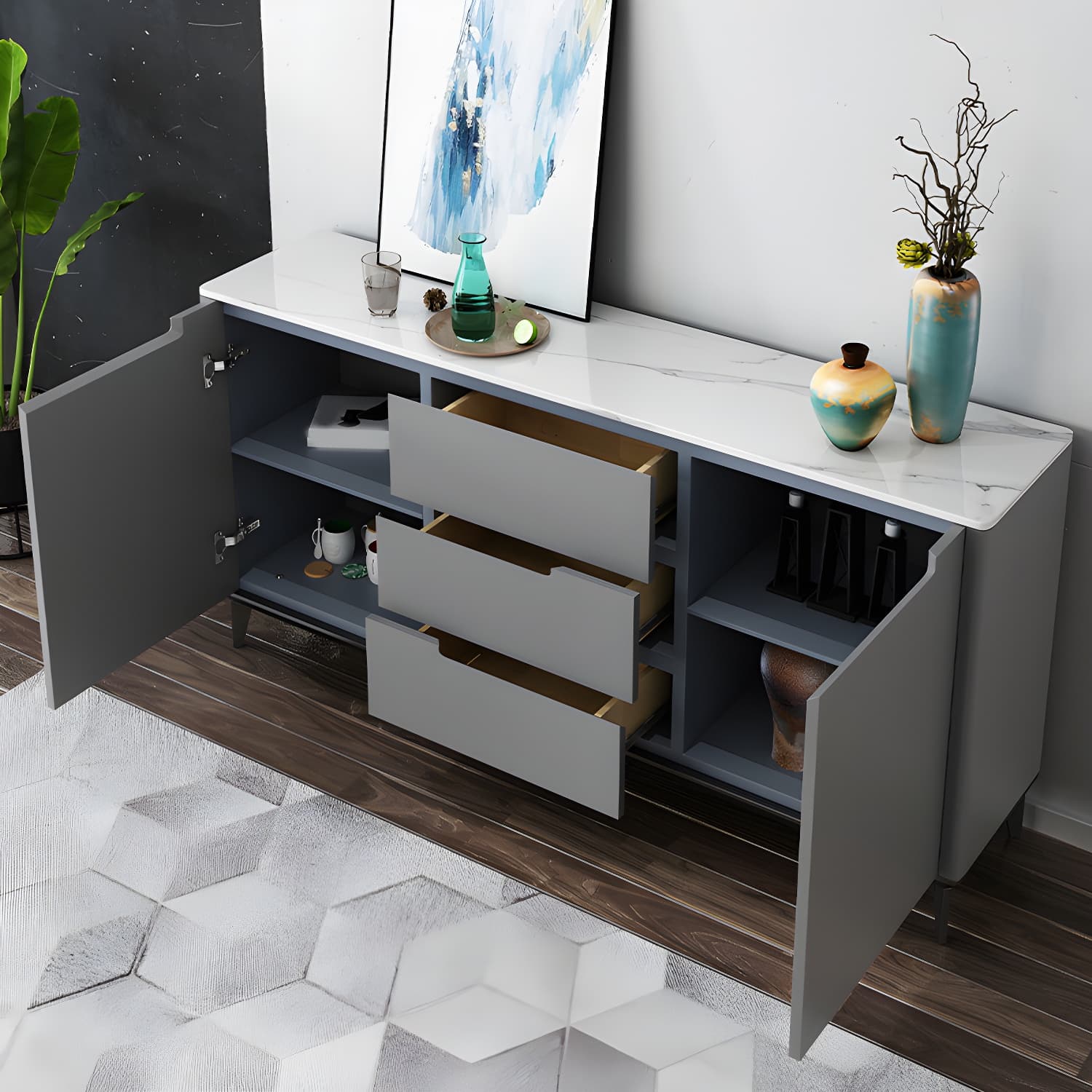 Modern Antique Finish Credenza 3 Drawer Sintered Stone Sideboard Cabinet thumbnail 8