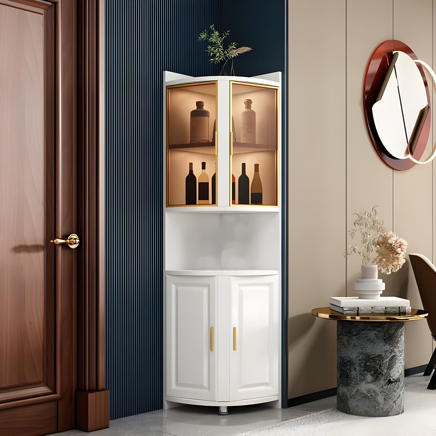 Modern White Corner Accent Cabinet with Glass Doors and 2 Interior Shelves thumbnail 2