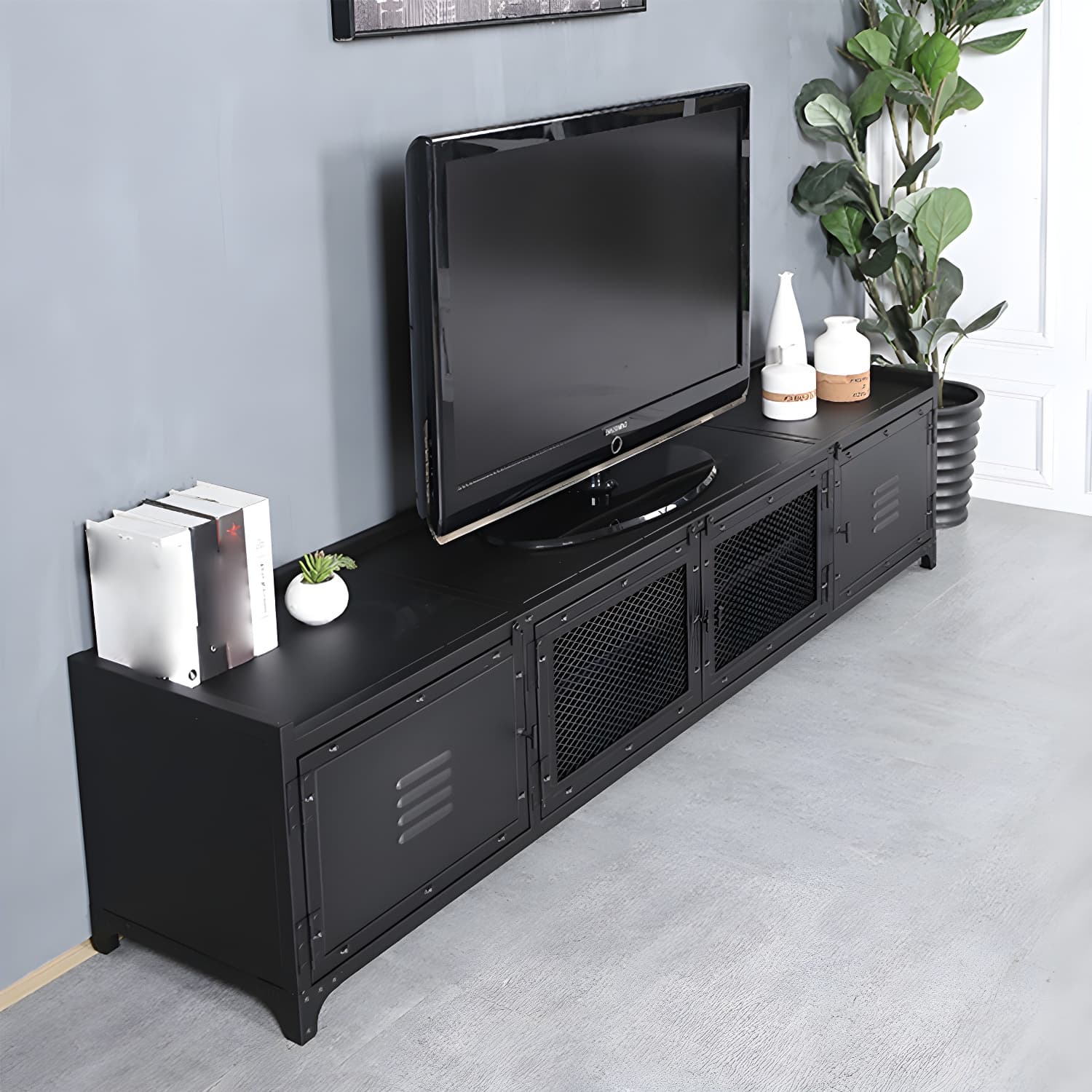 Industrial Style Metal TV Stand Black Colour Enclosed Storage TV Console with Cabinet thumbnail 3