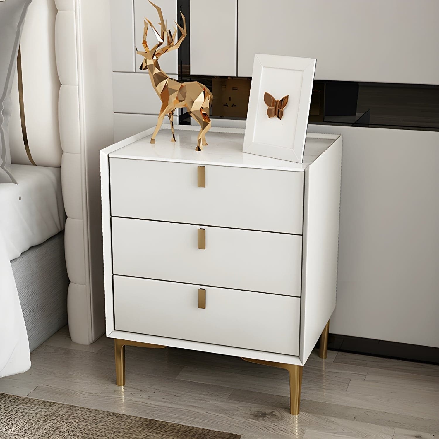 Glam Style Sintered Stone Top 3-Drawer Nightstand with Legs for Bedroom thumbnail 10
