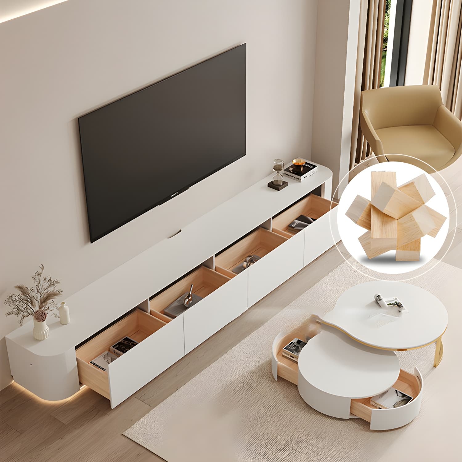 Modern Wood TV Stand Console White TV Media Stand with Drawers for Living Room thumbnail 11