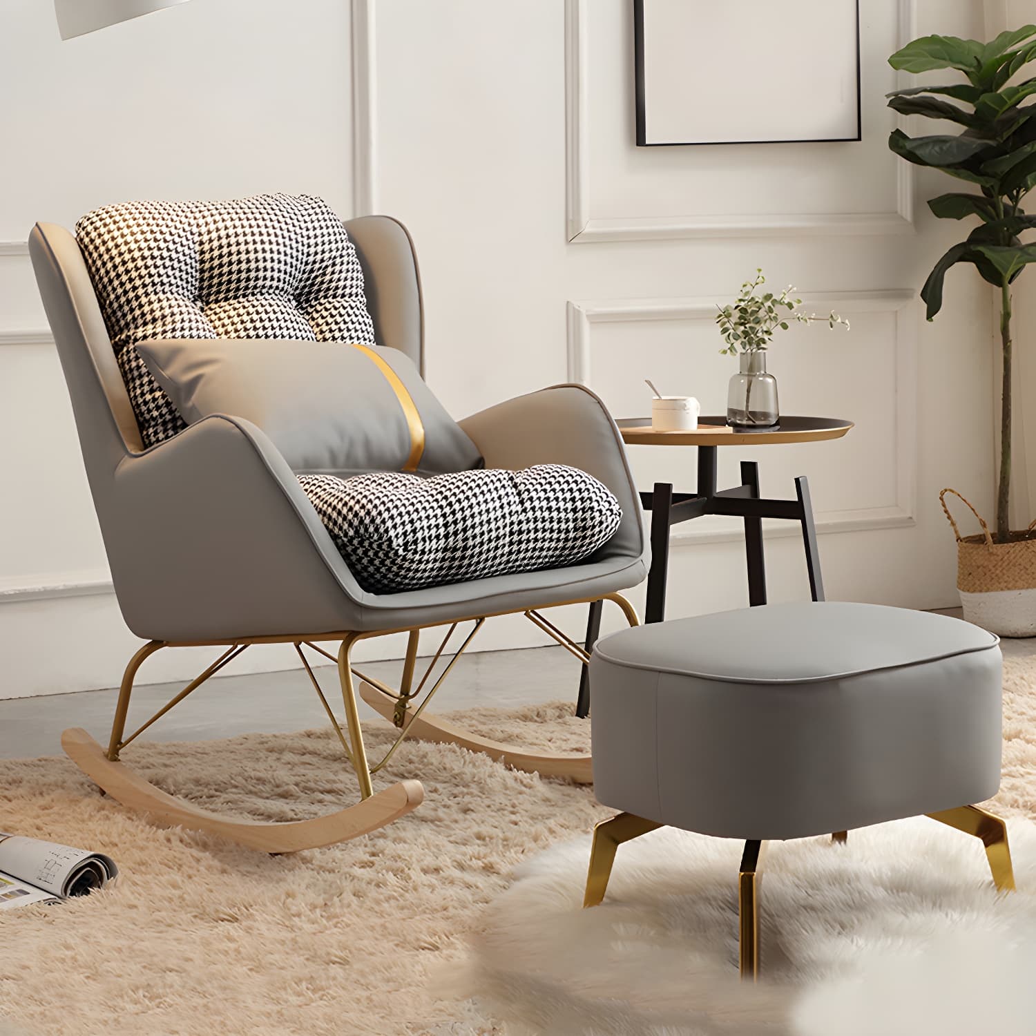 Contemporary Rocking Chair Fabric Upholstered Tufted Wing Chair Back Indoor Rocking Chair thumbnail 8