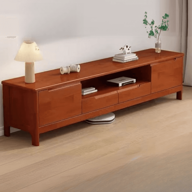 Modish Pine Wood TV Stand with Shelf, 2 Drawers, 2 Cabinets, and Unenclosed Storage thumbnail 2