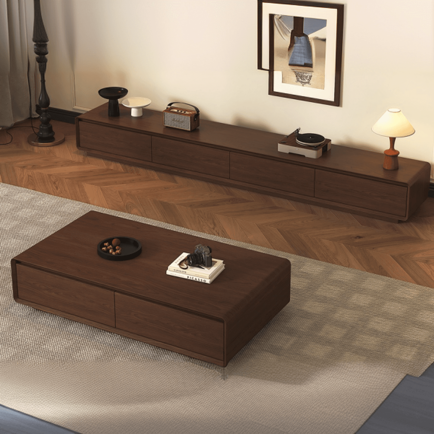 Mid-Century Modern Natural Wood TV Stand with Shelf, 2-Drawer, Hutch, and Cable Management thumbnail 3