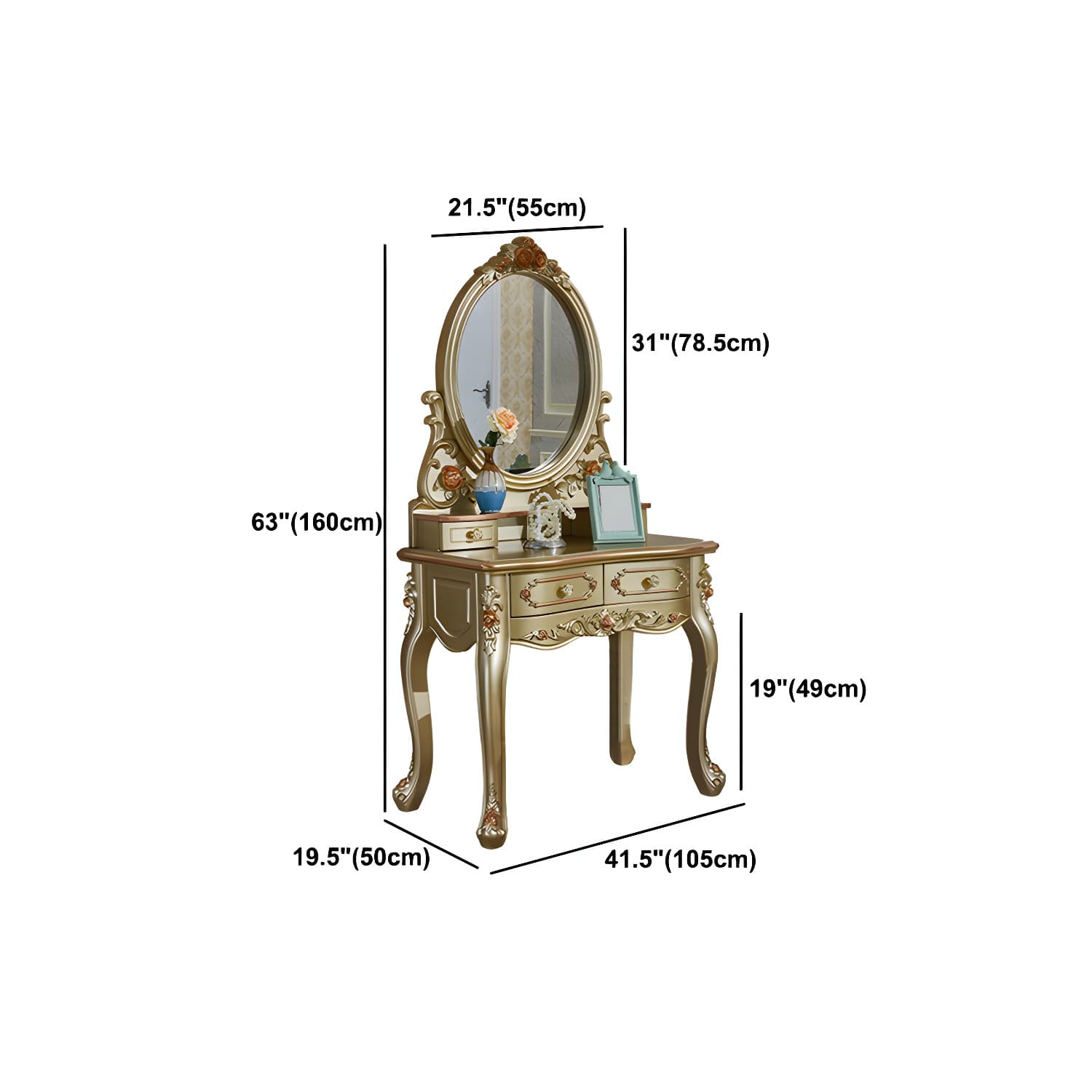 Victorian 33.4"/41.3" Wide Wood 4 Drawers Mirrored Makeup Vanity thumbnail 20