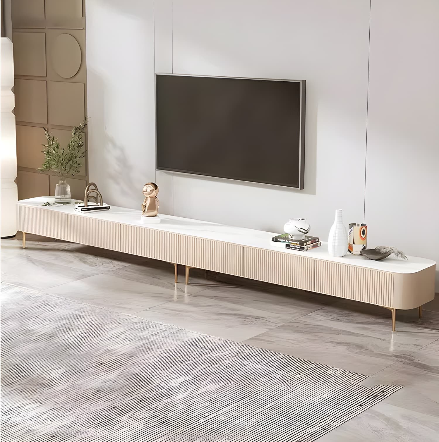 White Modern TV Stand with Low Height, Stone Material & Drawers for Full Assembly thumbnail 10