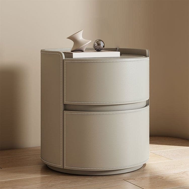 Chic Modern Round Nightstand with Light Wood Tone Faux Leather and Numerate Two Drawer Storage thumbnail 4