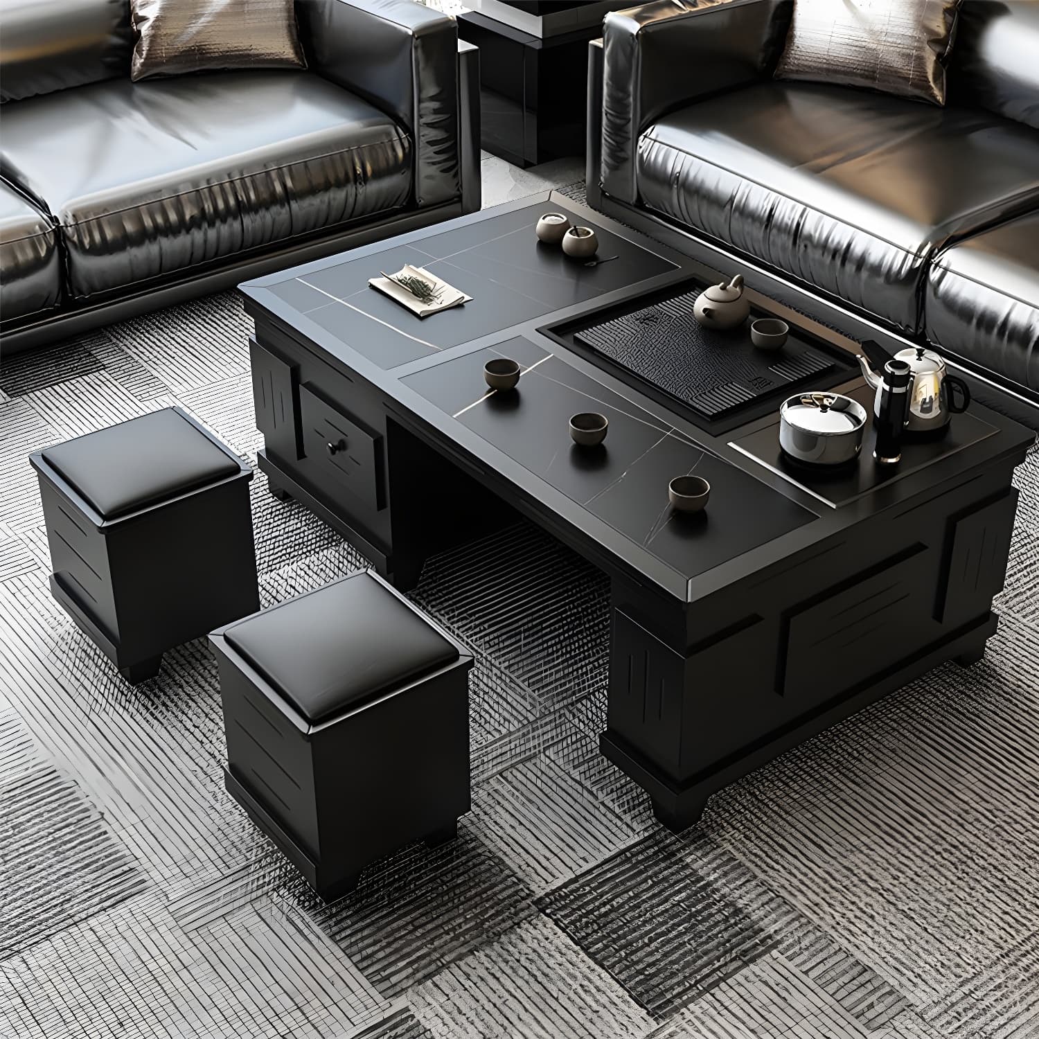 Abstract Slate Coffee Cocktail Table with Storage Drawers Rectangle thumbnail 8