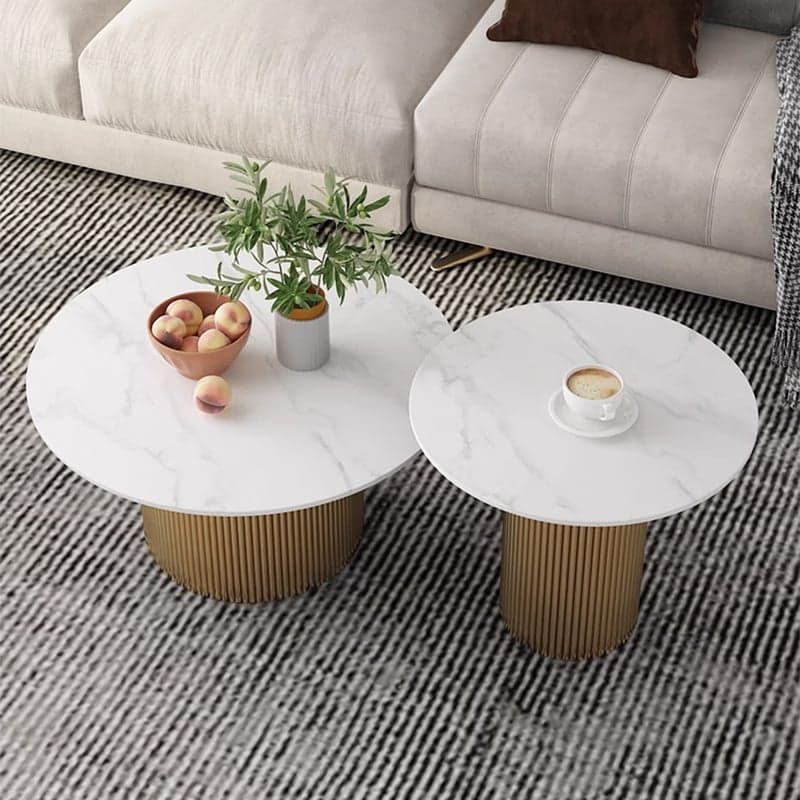 Modern Round Stone Top Coffee Table with Sturdy Metal Pedestal Base in Standard Height thumbnail 6