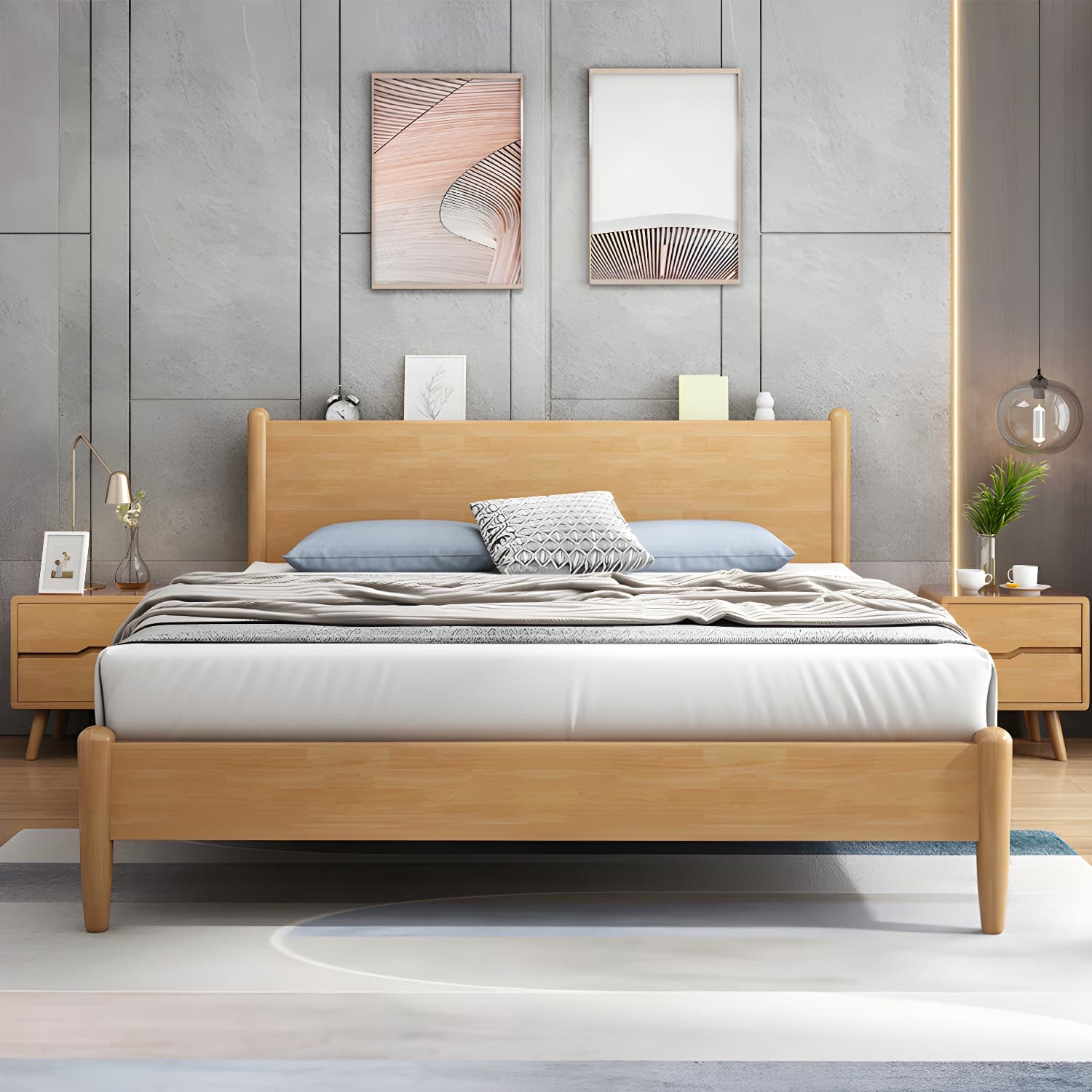 Northern European Solid Wood Bed Frame Mattress Included Panel Bed with Headboard thumbnail 4