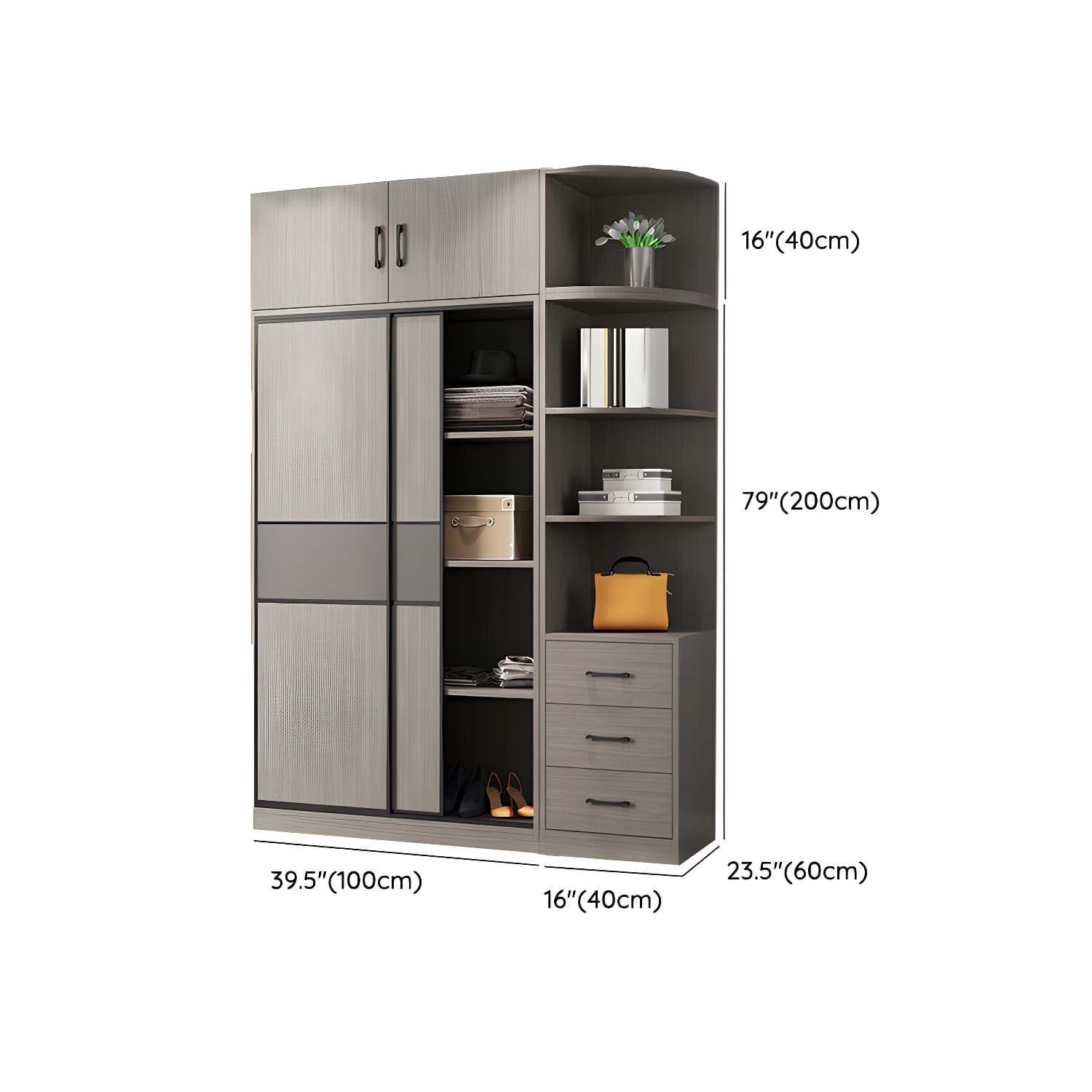 Contemporary Plate Storage Wood Wardrobe with Clothing Rod and Shelves in Light Grey thumbnail 19
