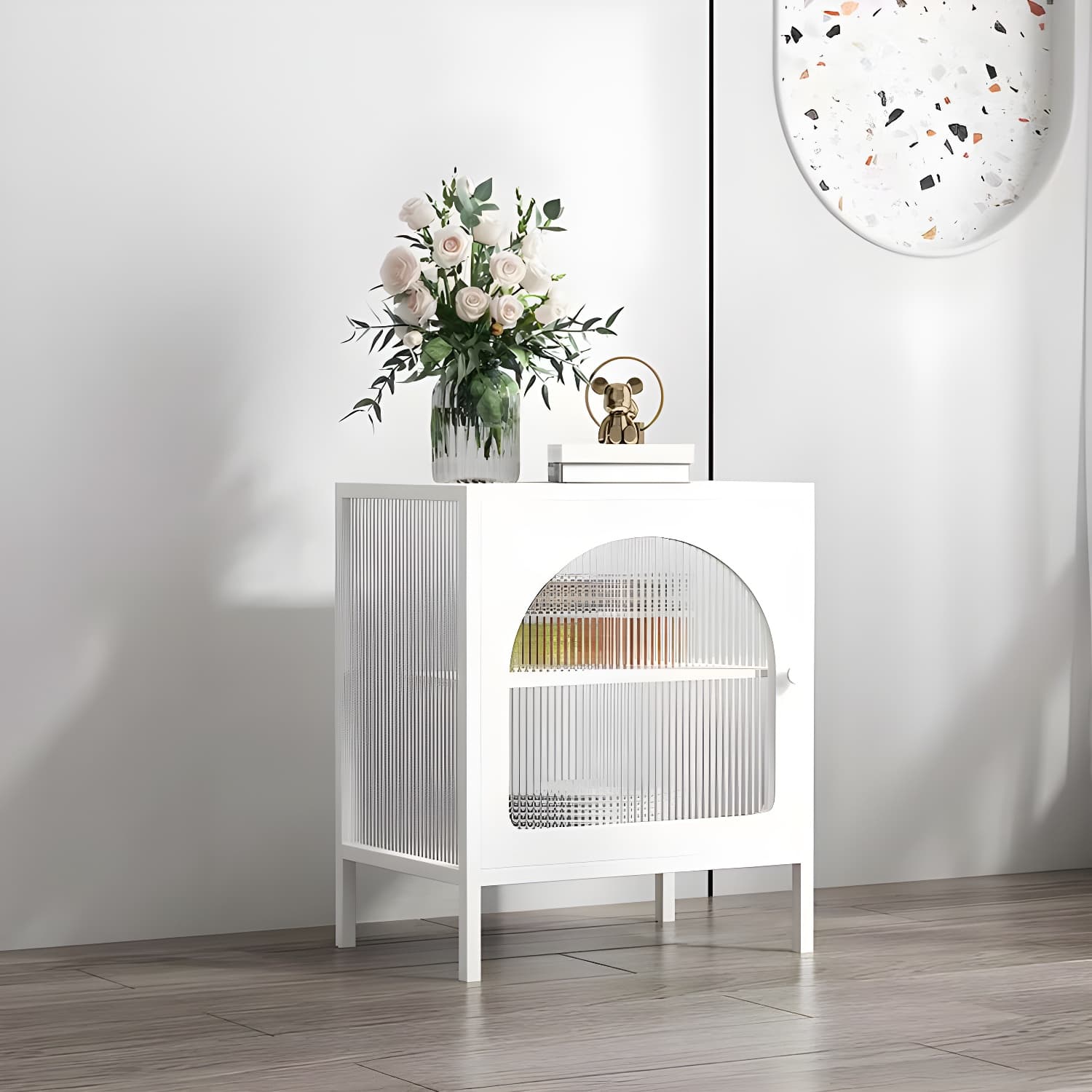 Modern Indoor Dining Server with Glass Doors Polished Finish Metal Sideboard