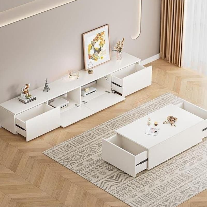 White Modern TV Stand with Low Height, Drawers, and Cable Management - Easy Full Assembly thumbnail 10