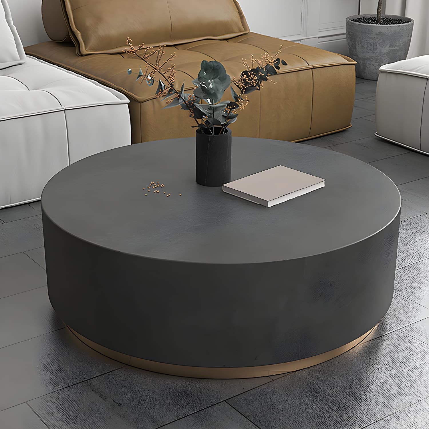 Drum Base Design Black/grey Faux Concrete Top Metal Base Round Coffee Table thumbnail 5