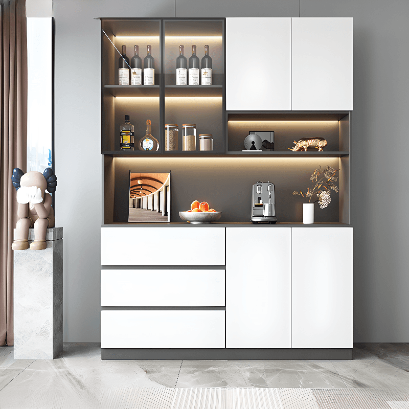 Modern Timber Countertop Server with Glazed Door Hutch, Narrow Size, Six Internal Shelves for Kitchen Cupboards thumbnail 5