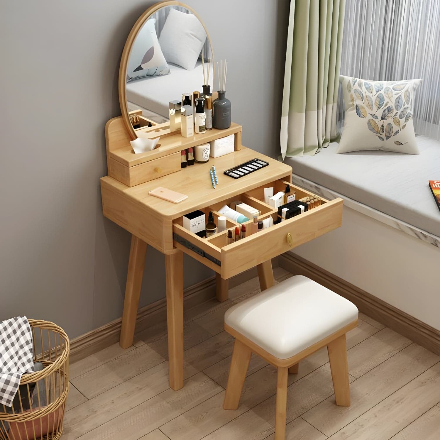 Modern Wood Makeup Vanity with Drawers, Mirror & Upholstered Chair thumbnail 5