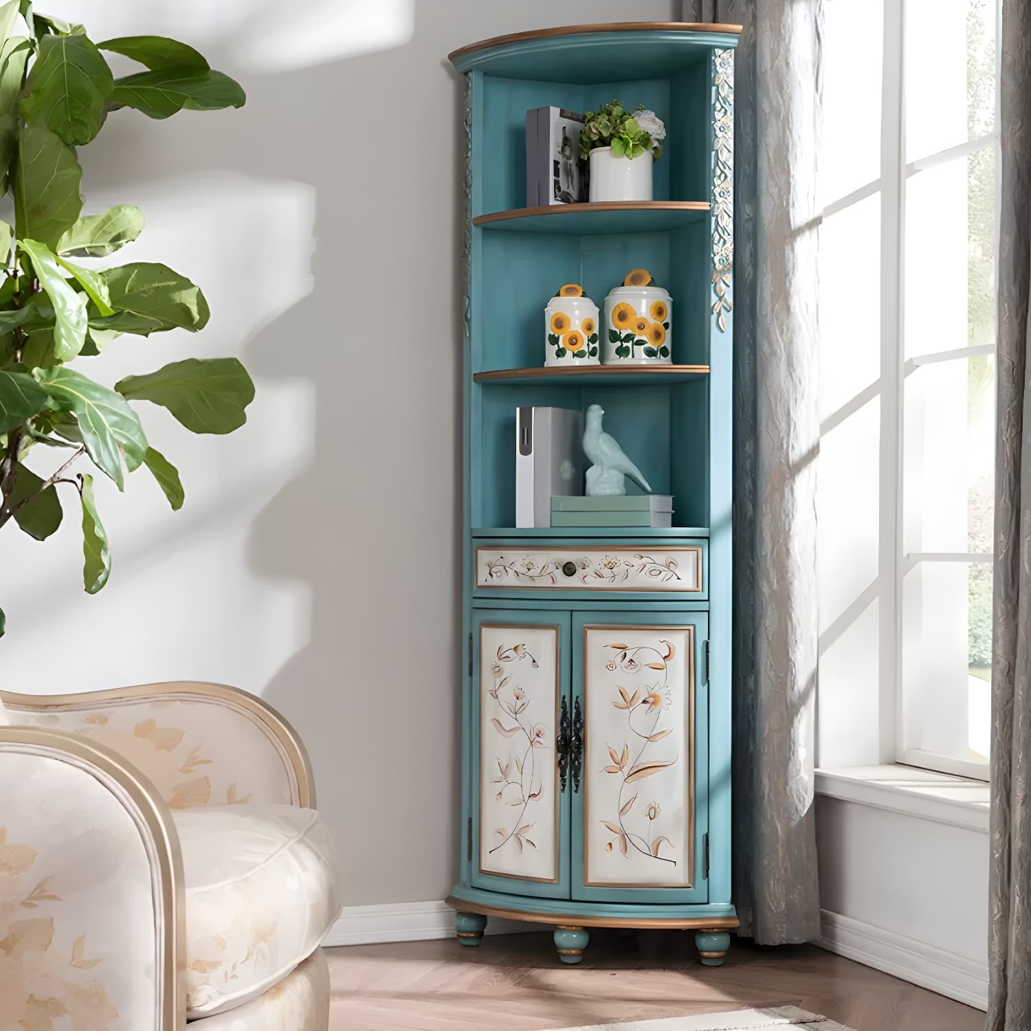 Rustic Corner Accent Cabinet with Wood Counter Top, Drawers, and Cabinet, Small Size thumbnail 9