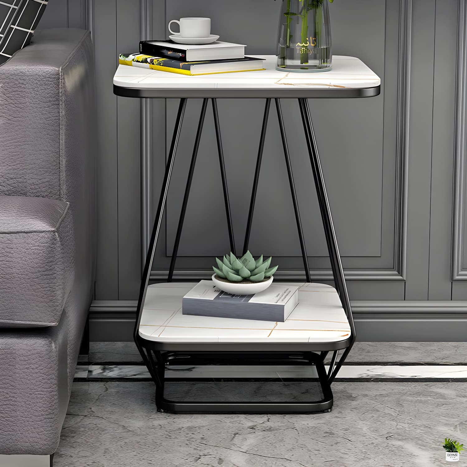 Glam Metal Night Table Stone Top 24'' Tall Open Storage Nightstand with Legs thumbnail 14