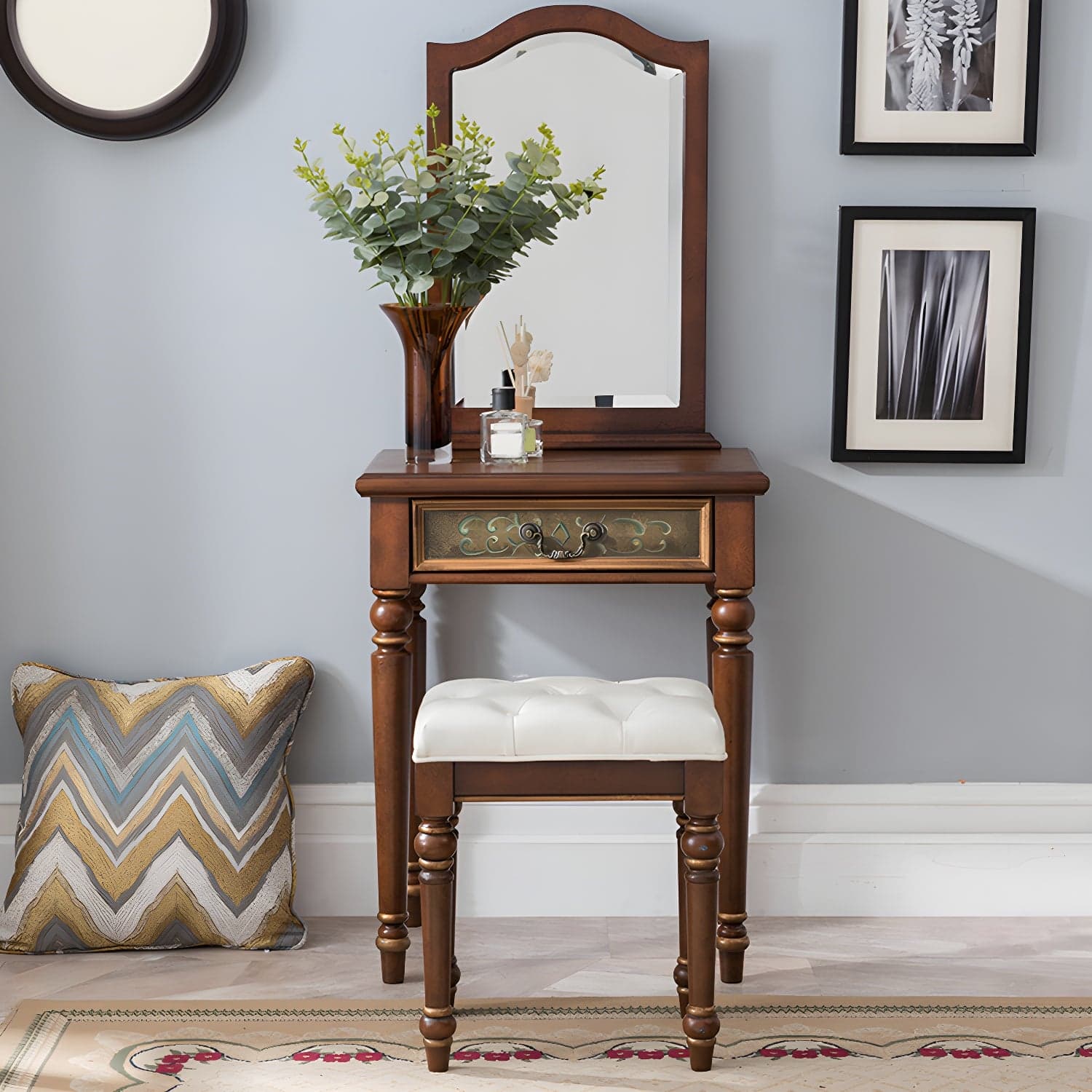 Victorian Vanity Set Solid Wood Drawers Included Makeup Dressing Table With Mirror & Stool thumbnail 2