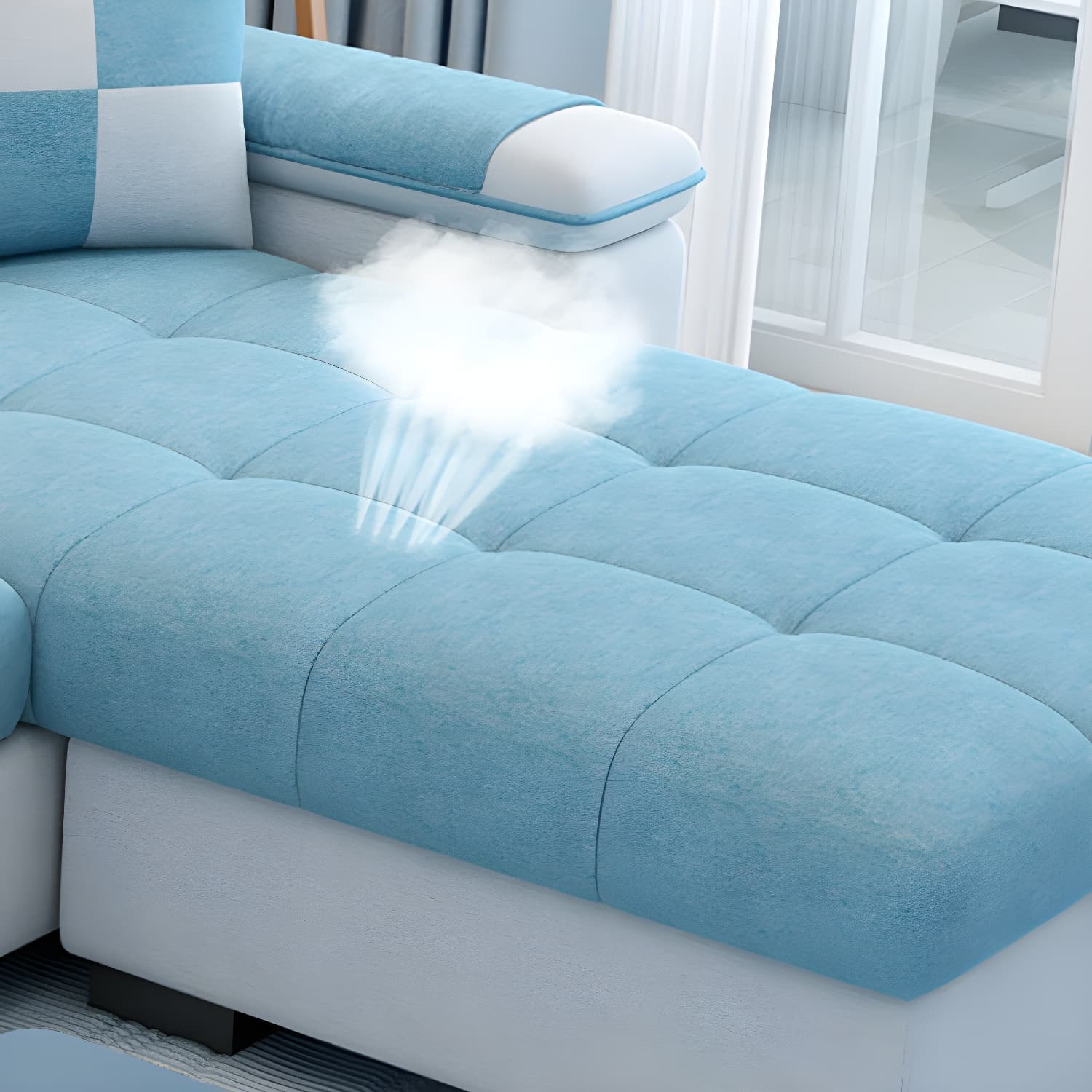 Modern Reversible Straight Sectional Sofa with Ottoman in Linen Upholstery, Sloped Arms thumbnail 18