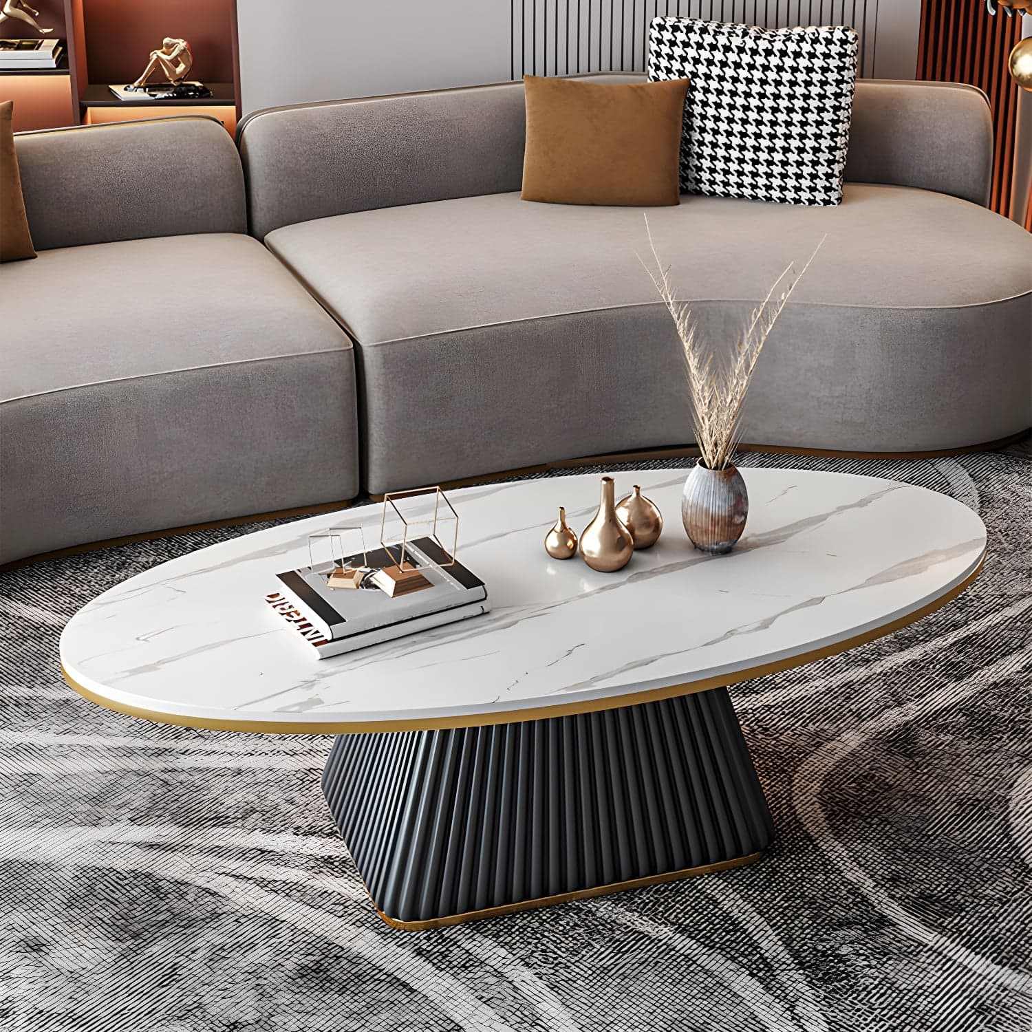Elliptical Stone Coffee Table Pedestal 1 Single Cocktail Table - 17.72" H thumbnail 1