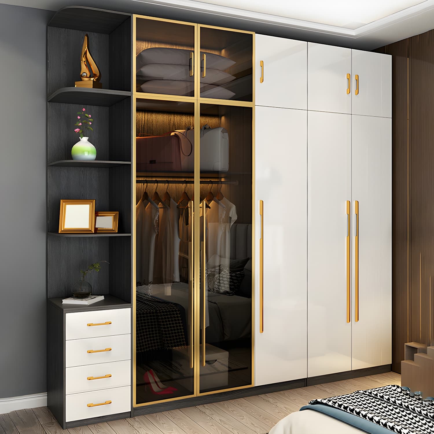 Modern Tempered Glass Doors Wardrobe Wood Frame Wardrobe without Light thumbnail 4