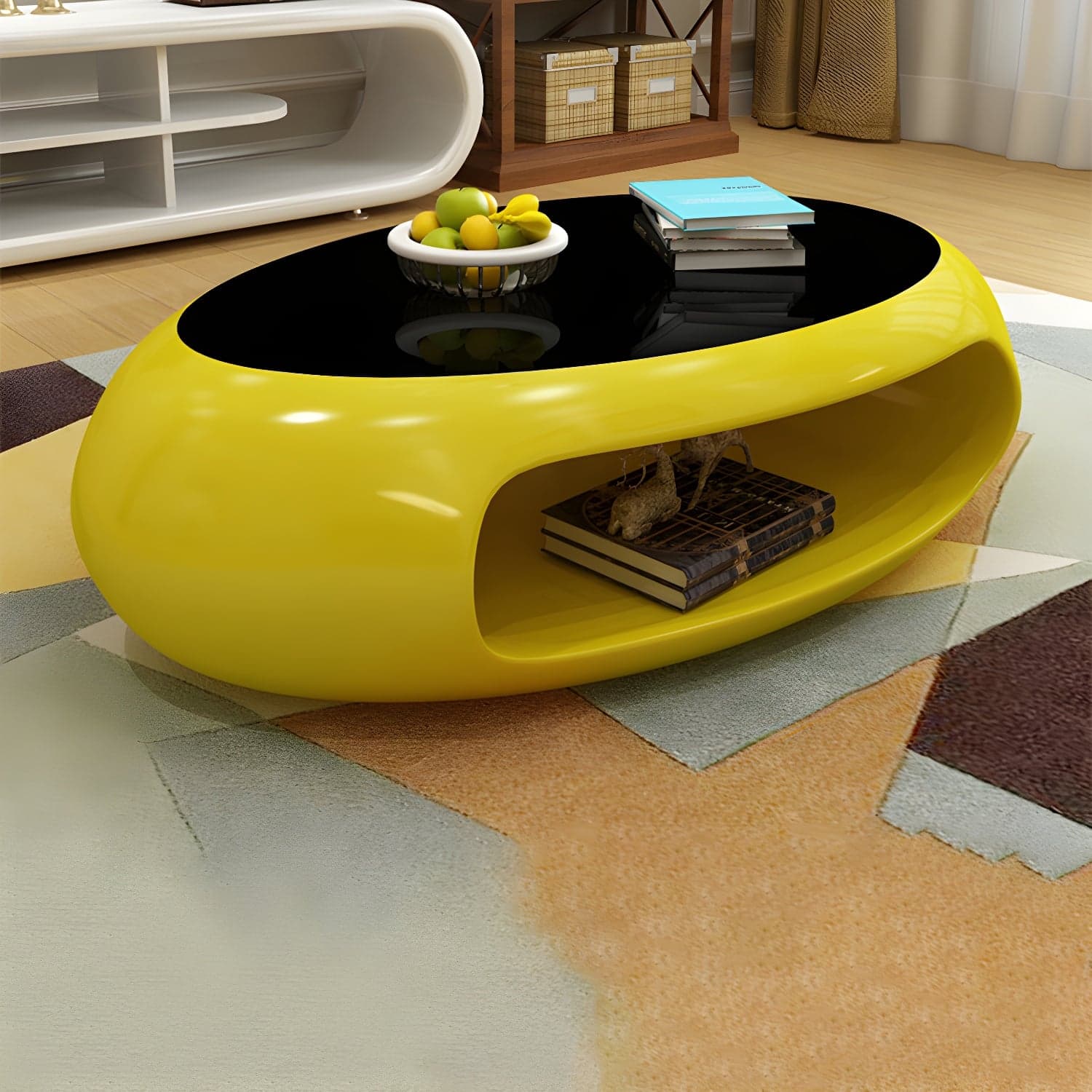 Modern Oval Coffee Table with Storage Shelf and Plastic Pedestal Base thumbnail 3