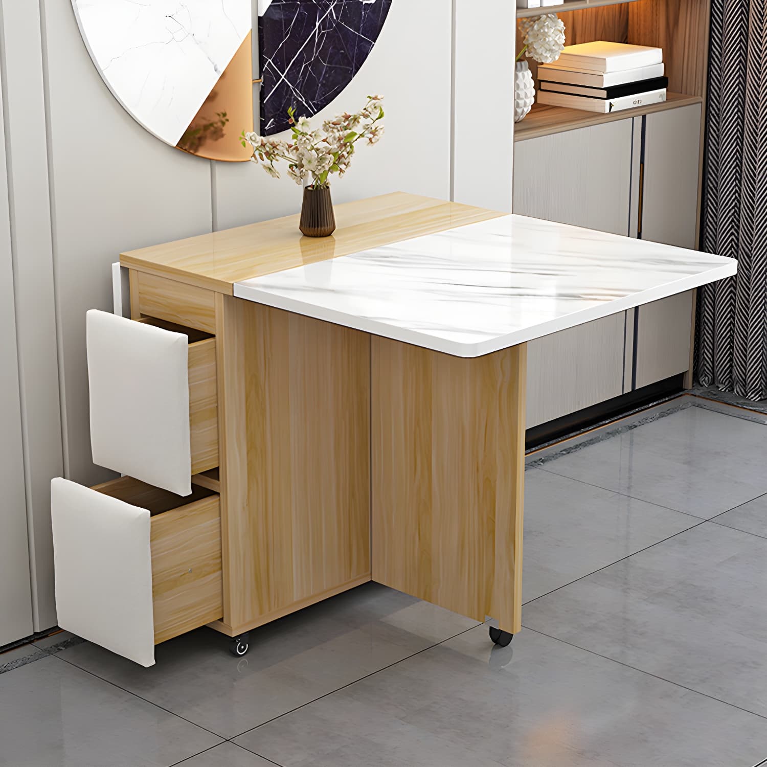 5-Piece Modern Wood Dining Set with Rectangle Table and White Backless Stools thumbnail 10