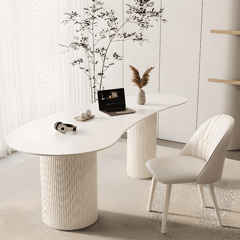 Fixed Free Form Dining Table Set with Double Pedestal, a Chalk Slate Tabletop and Upholstered Chairs in an Art Deco Style thumbnail 3