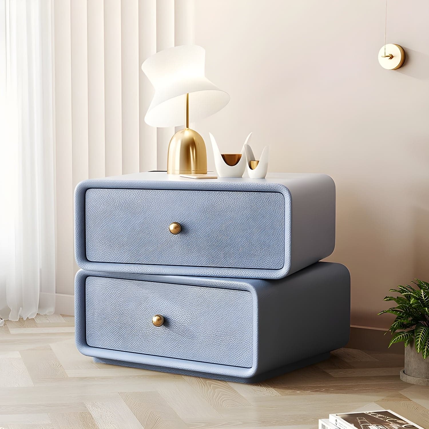 Modern Wood Nightstand with 2 Drawers - Faux Leather Countertop - Small and Stylish thumbnail 1