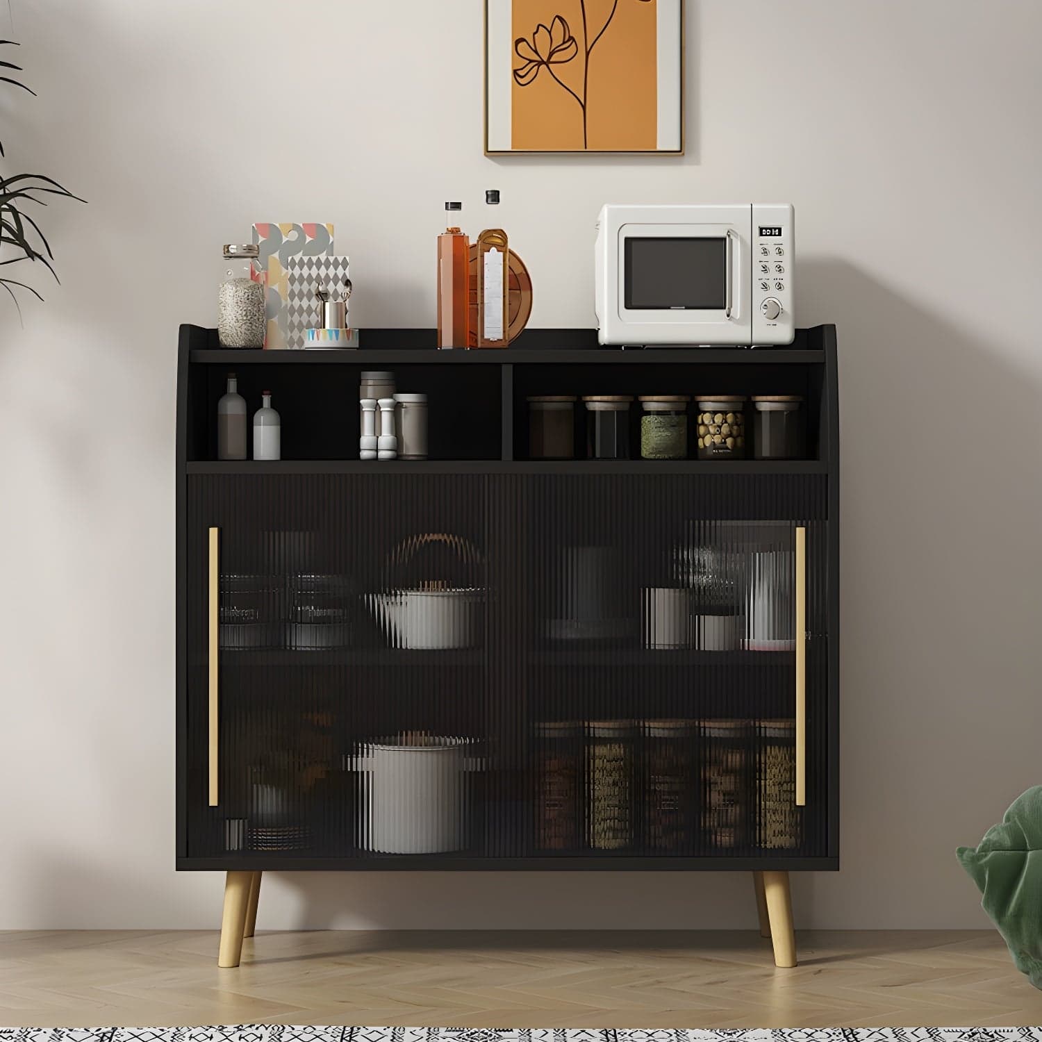 Scandinavian Wood Sideboard Credenza with Acrylic Doors and Cabinet Storage thumbnail 1