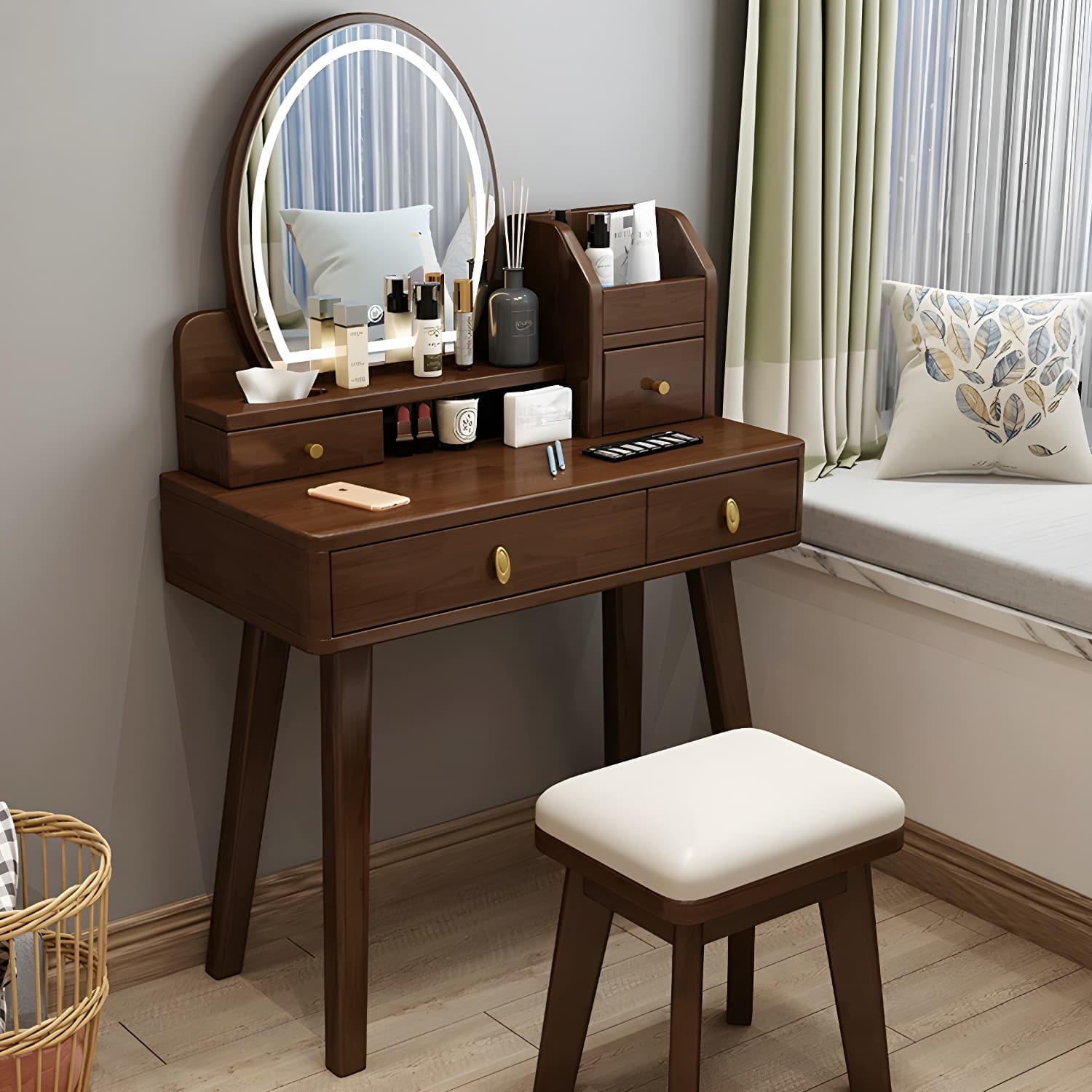 Modern Wood Makeup Vanity with Drawers, Mirror & Upholstered Chair thumbnail 7
