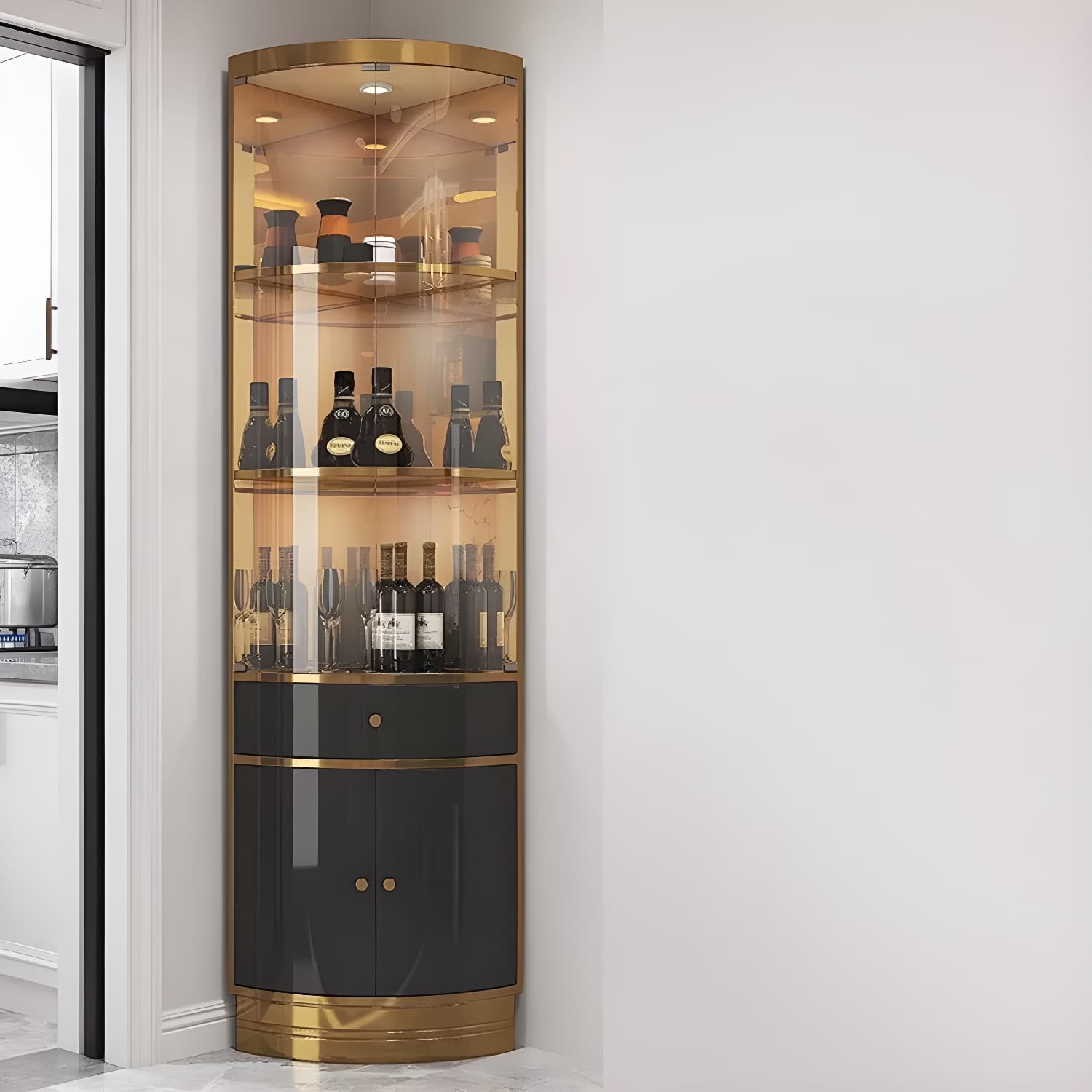 Corner Modern Accent Cabinet with Wood Counter Top, Glass Doors, and Metal Base thumbnail 5