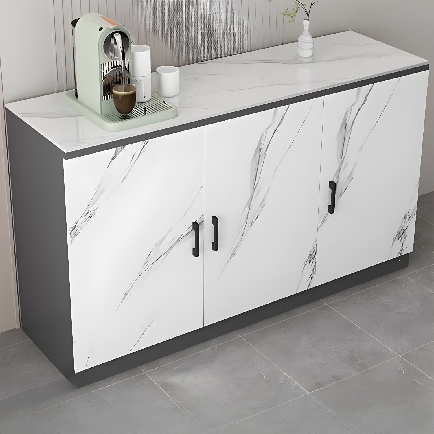 White Modern Wood Server with Stone Countertop and Cabinet Included