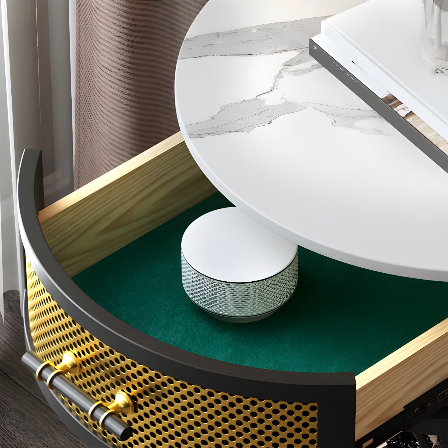 Glam Stone Top Night Table Open Storage 1-Drawer Metal Legs Included Nightstand thumbnail 9