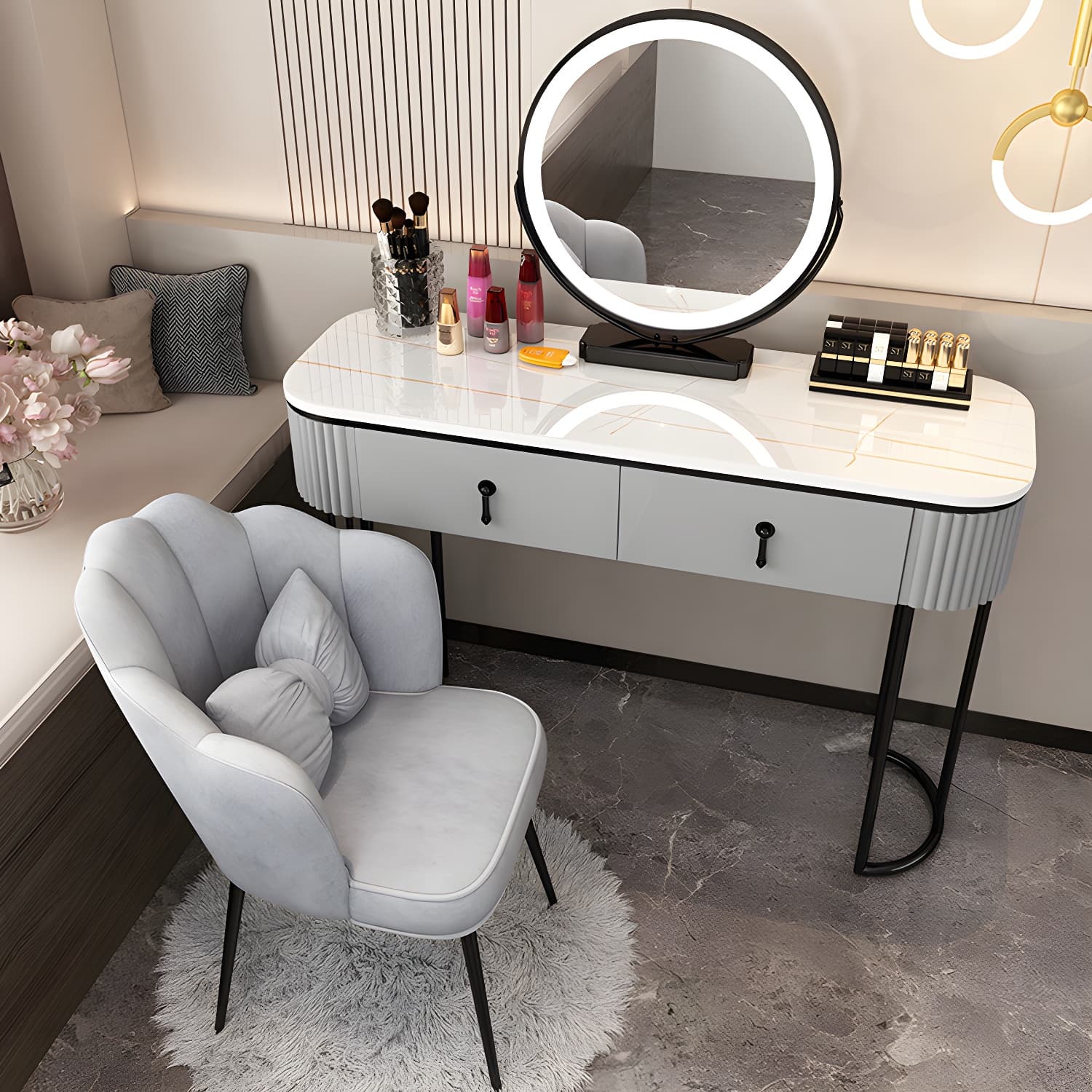 Lighted Mirror Makeup Vanity Storage Box Vanity Dressing Table for Bedroom thumbnail 6