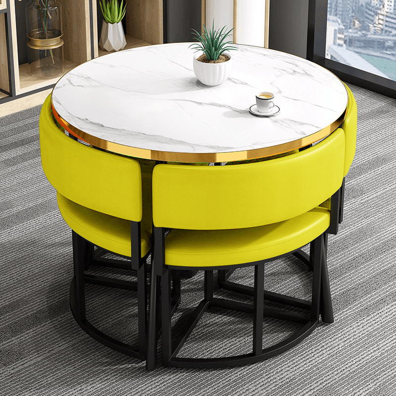 Art Deco Circular-shaped Upholstered Chair Metal & Faux Wood Dining Table Set with Upholstered Back in White, 5 Pieces thumbnail 10