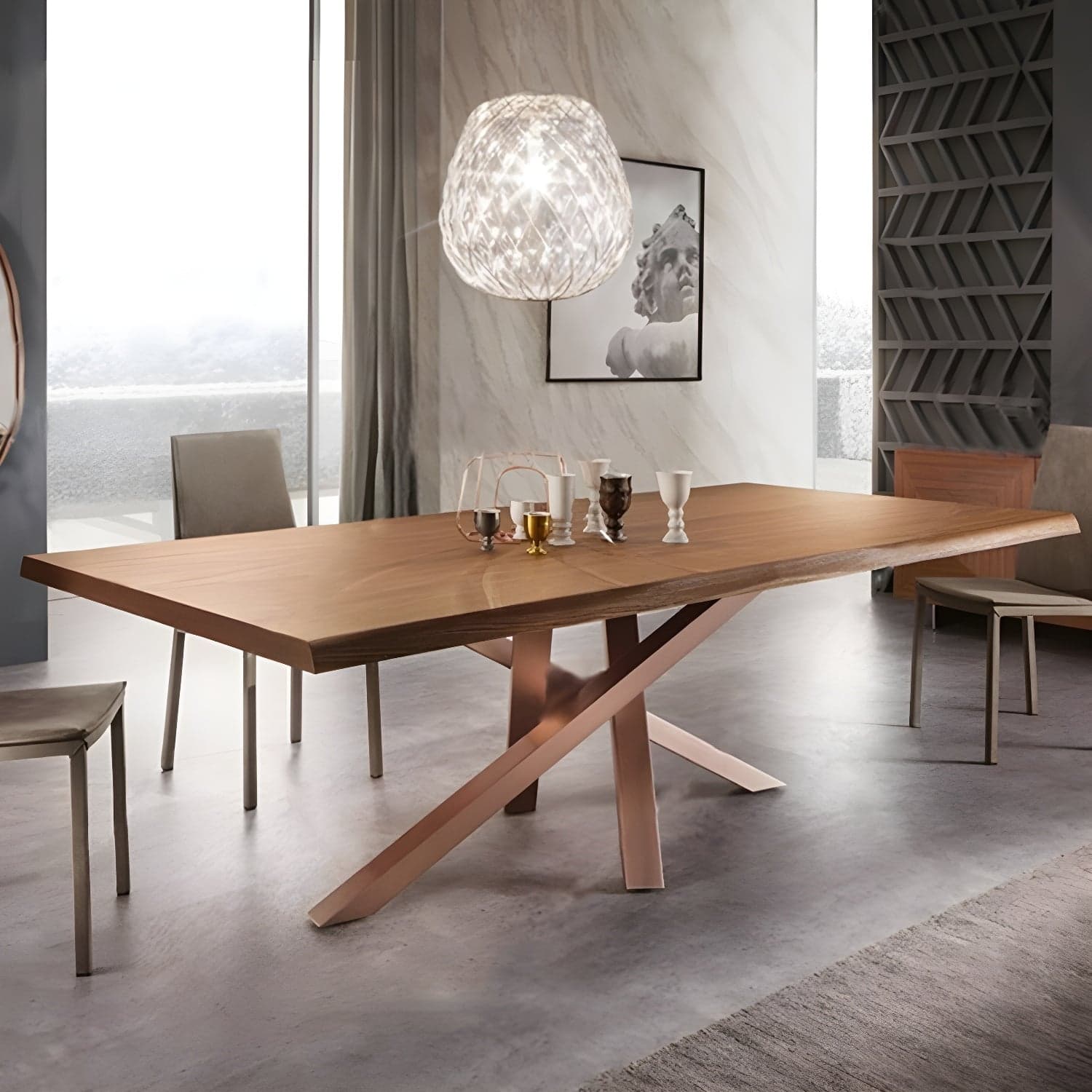 Pine Solid Wood Dining Table Single Pedestal Metallic Base Rectangle Table for Home
