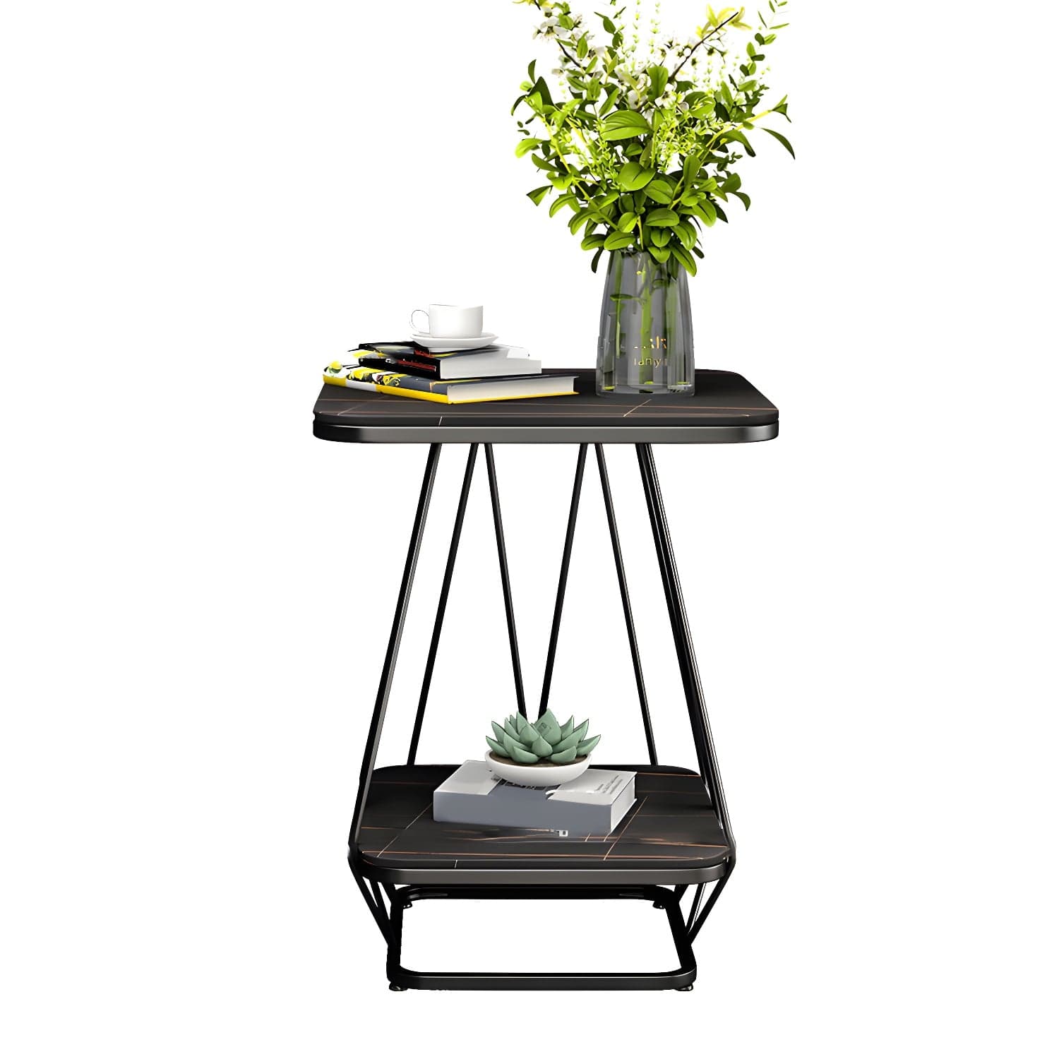 Glam Metal Night Table Stone Top 24'' Tall Open Storage Nightstand with Legs thumbnail 1