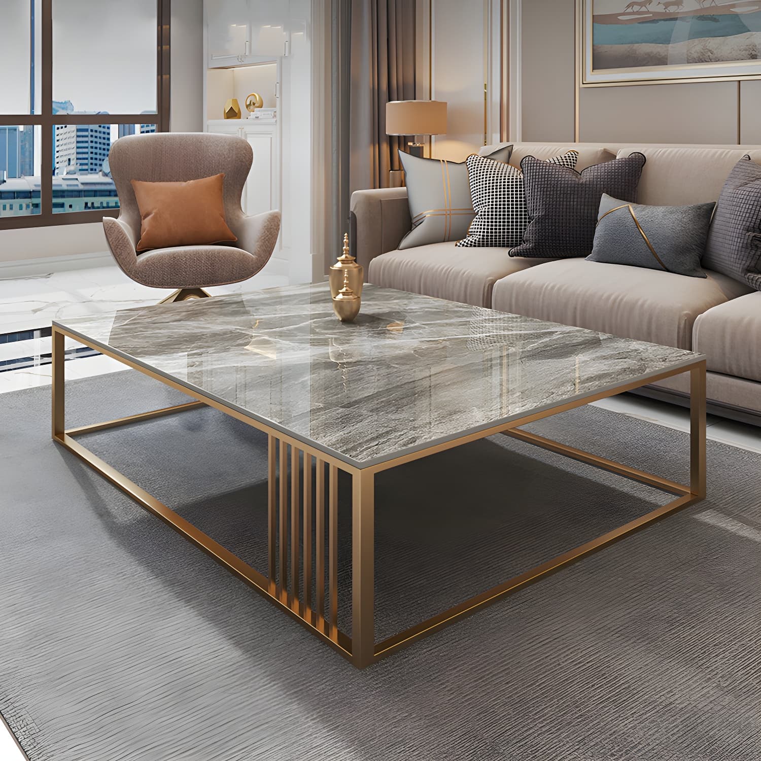 Glam Style Gold Iron Frame Coffee Table Gray Slate Table Top Coffee thumbnail 1