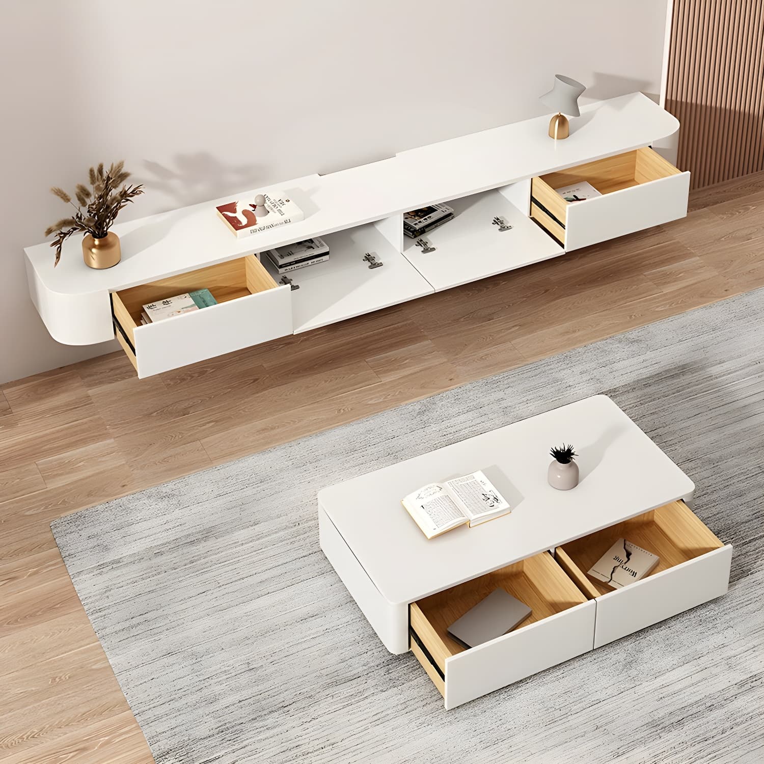 Elegant Rubberwood TV Stand with Floating Mount, Cable Management, and Soft Close Drawers thumbnail 4