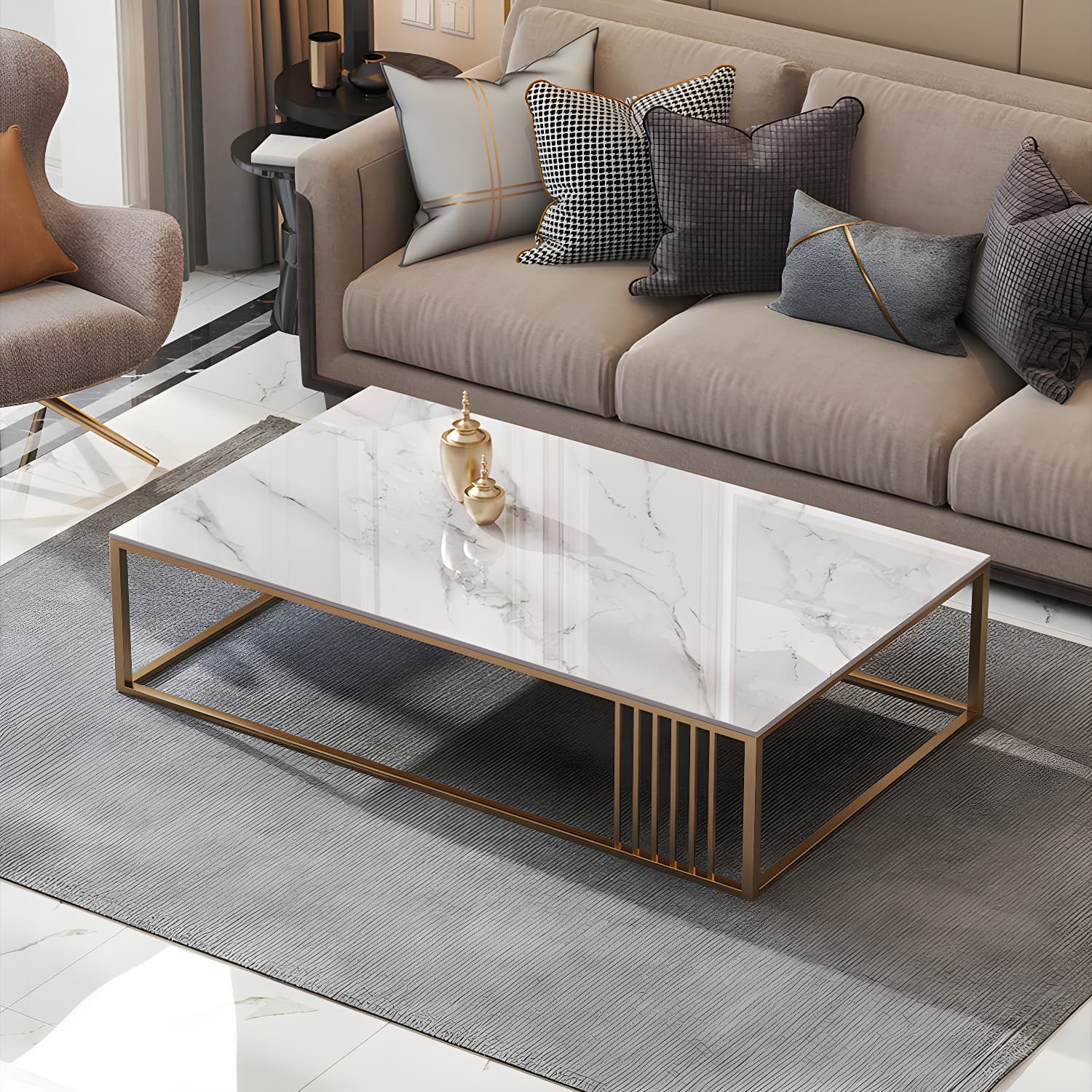 Glam Style Gold Iron Frame Coffee Table Gray Slate Table Top Coffee thumbnail 10