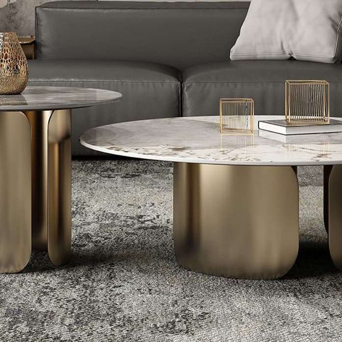 Chic Modern Round Beige Stone Top Coffee Table with Industrial Iron Base thumbnail 10