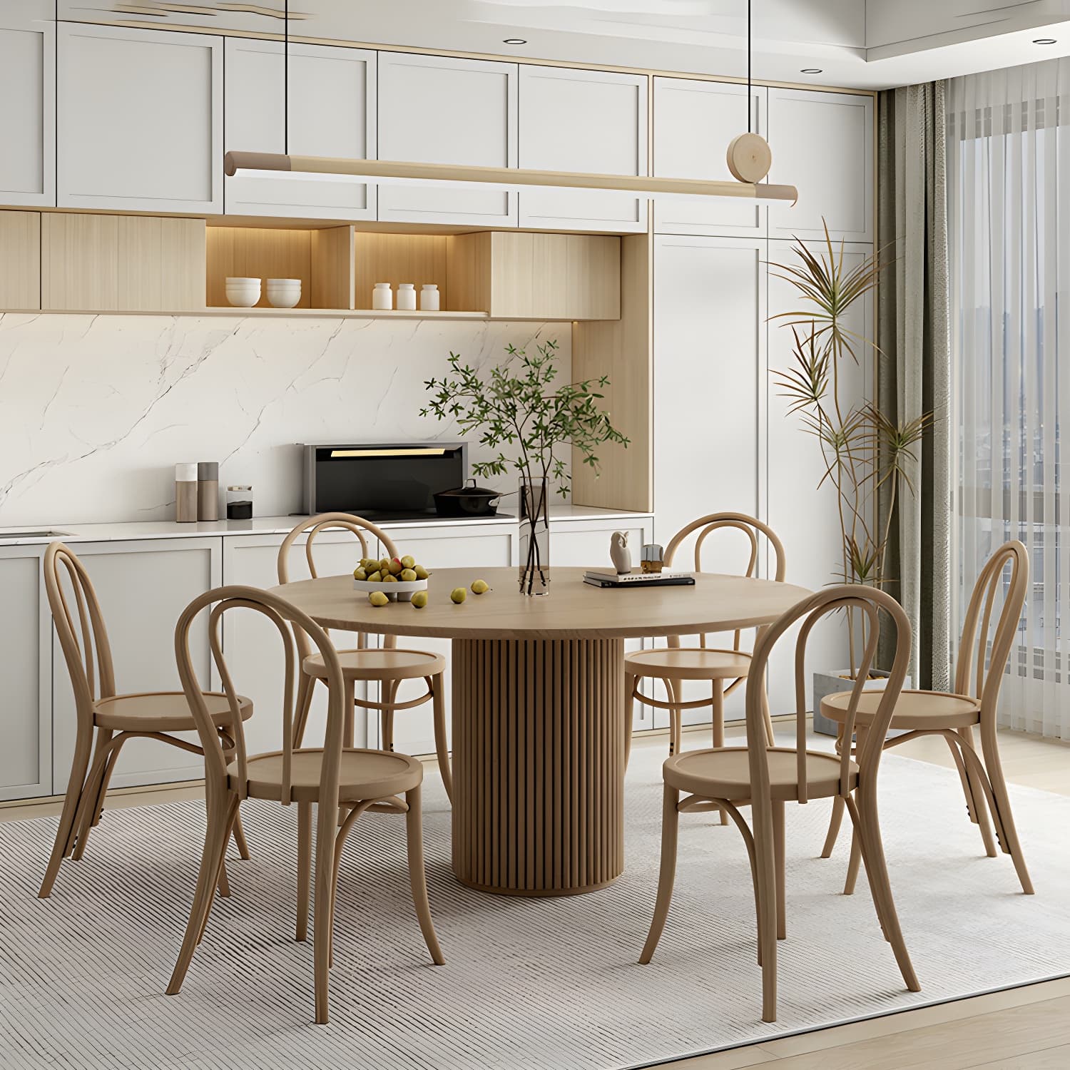 Modern Round Dining Table Pine Solid Wood Pedestal Dining Table in Natural thumbnail 4